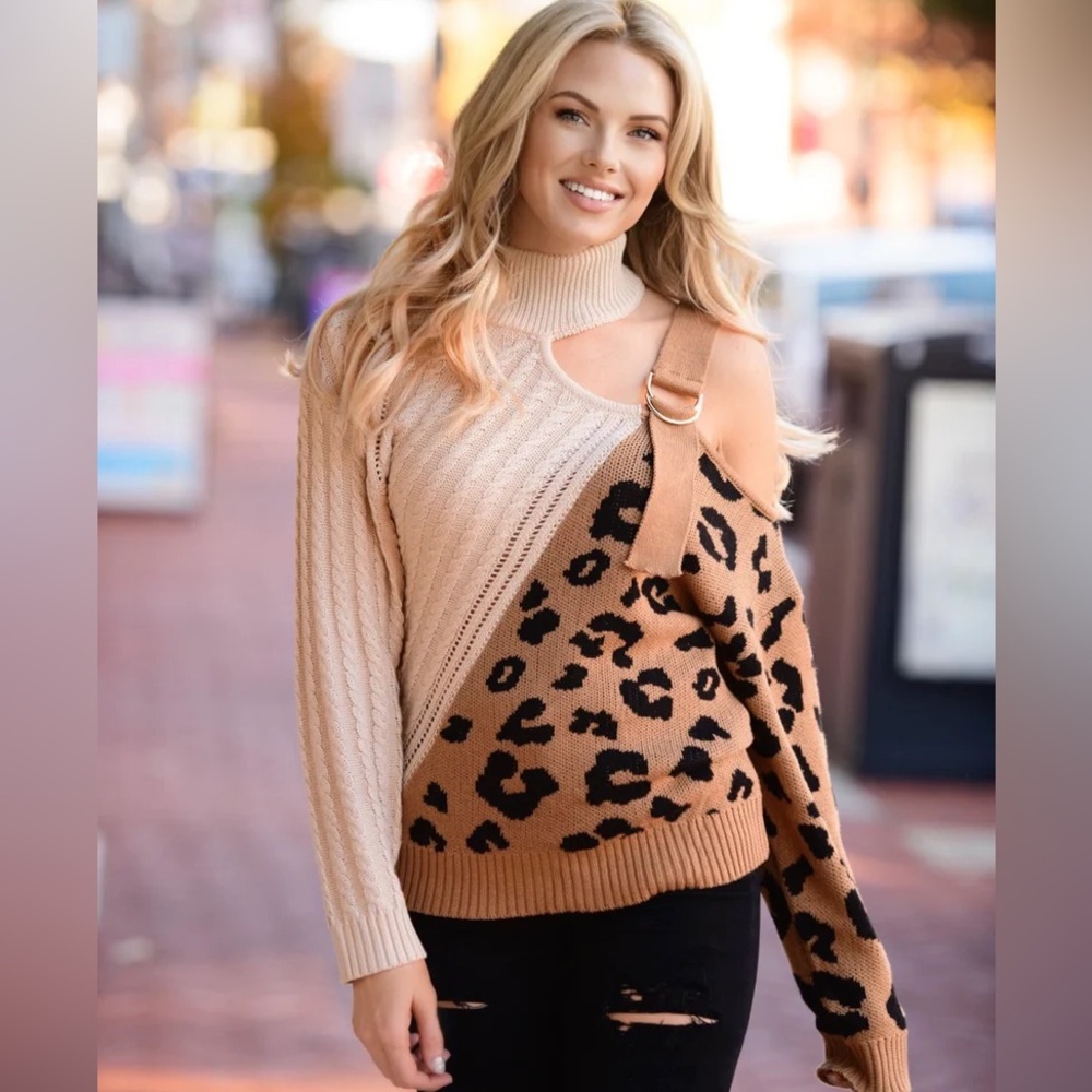 Leopard Print Cutout Sweater - Beige and Brown Size S